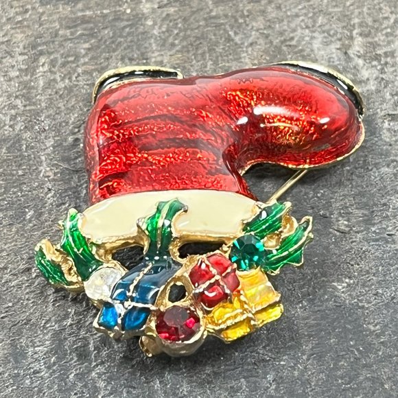 Vintage Jeweled Enamel Christmas Stocking Boot Gold tone Holiday Christmas - Picture 11 of 12